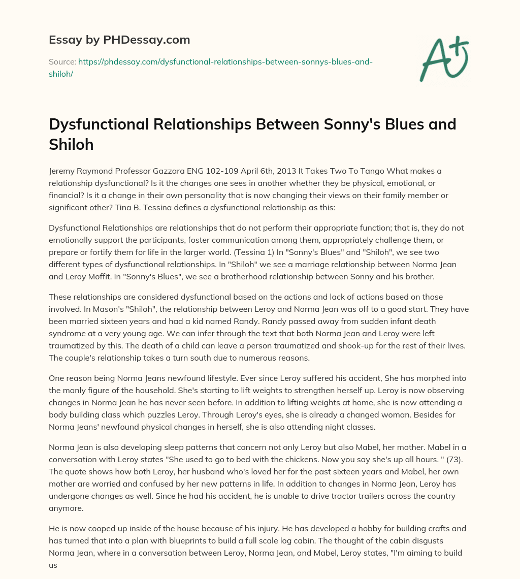 Dysfunctional Relationships Between Sonny’s Blues and Shiloh essay
