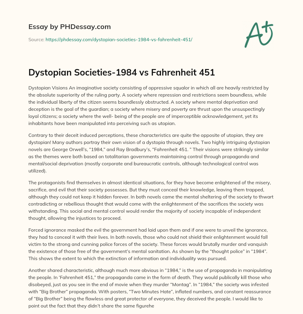 Dystopian Societies-1984 vs Fahrenheit 451 essay