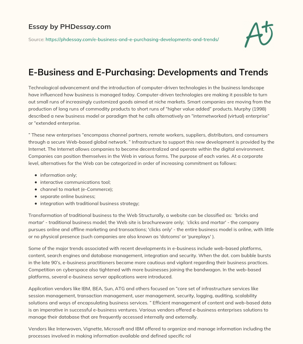 E-Business and E-Purchasing: Developments and Trends essay
