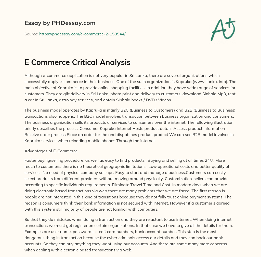 E Commerce Critical Analysis essay