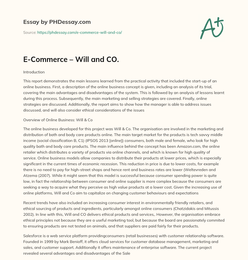 E-Commerce – Will and CO. essay