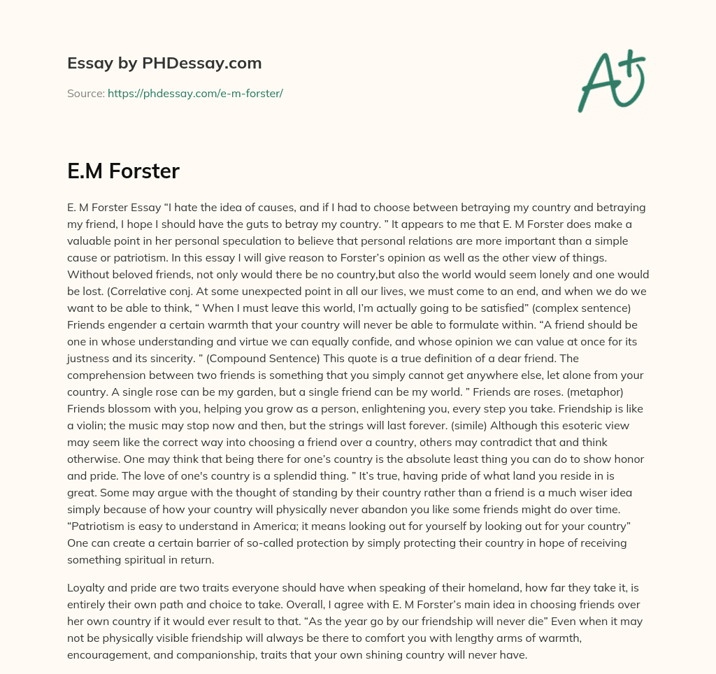 The Importance of Personal Relationships over Patriotism in E.M. Forster’s Essay essay