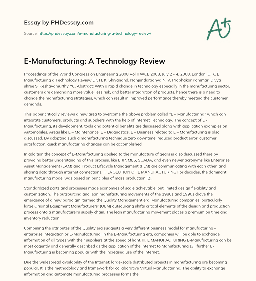 E-Manufacturing: A Technology Review essay