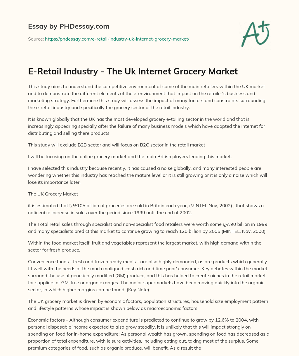 E-Retail Industry – The Uk Internet Grocery Market essay