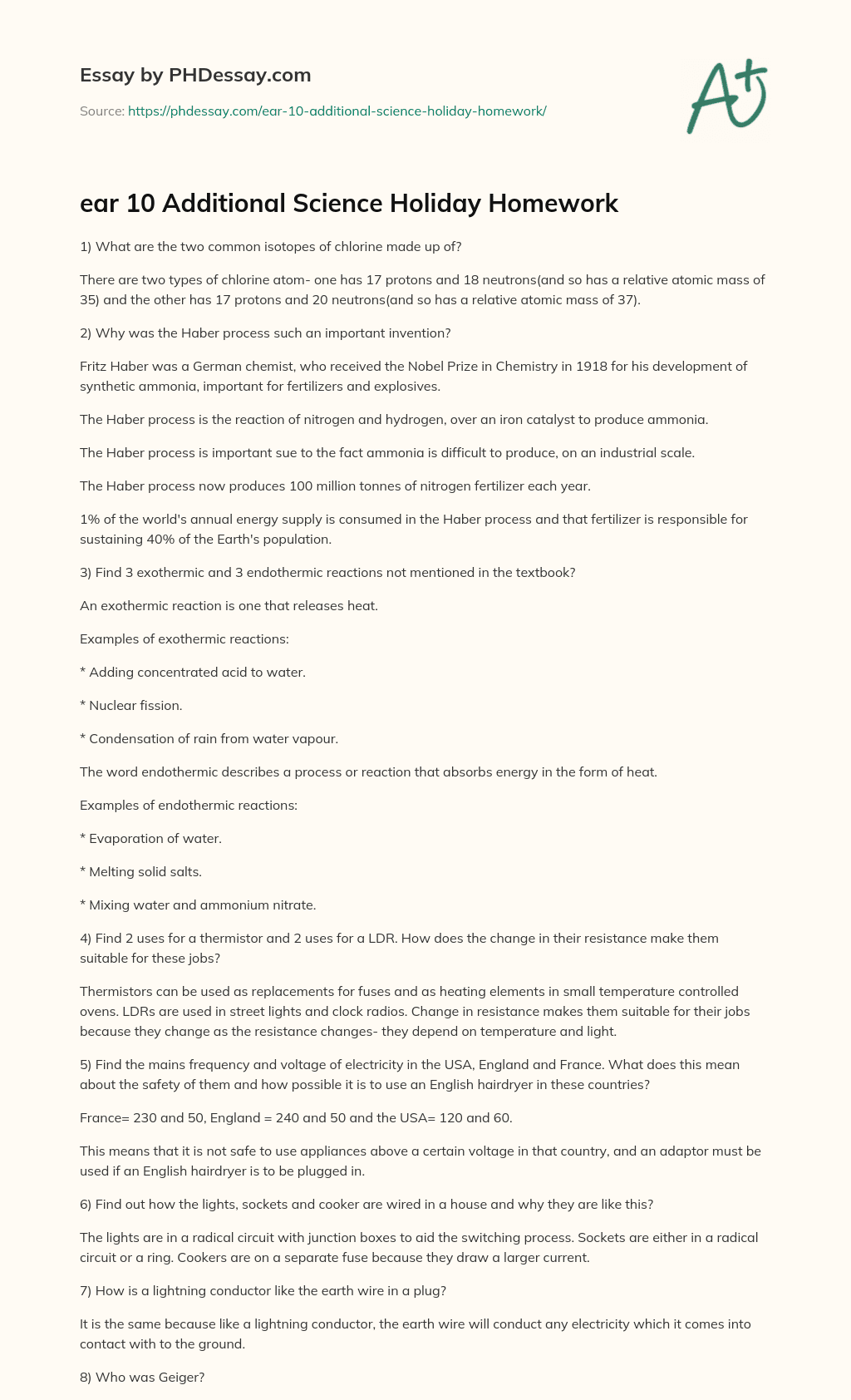 ear 10 Additional Science Holiday Homework essay