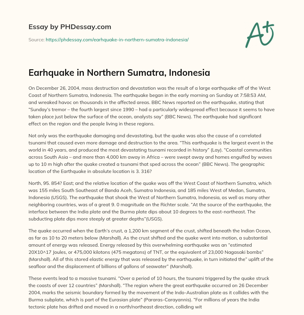 Earhquake in Northern Sumatra, Indonesia essay
