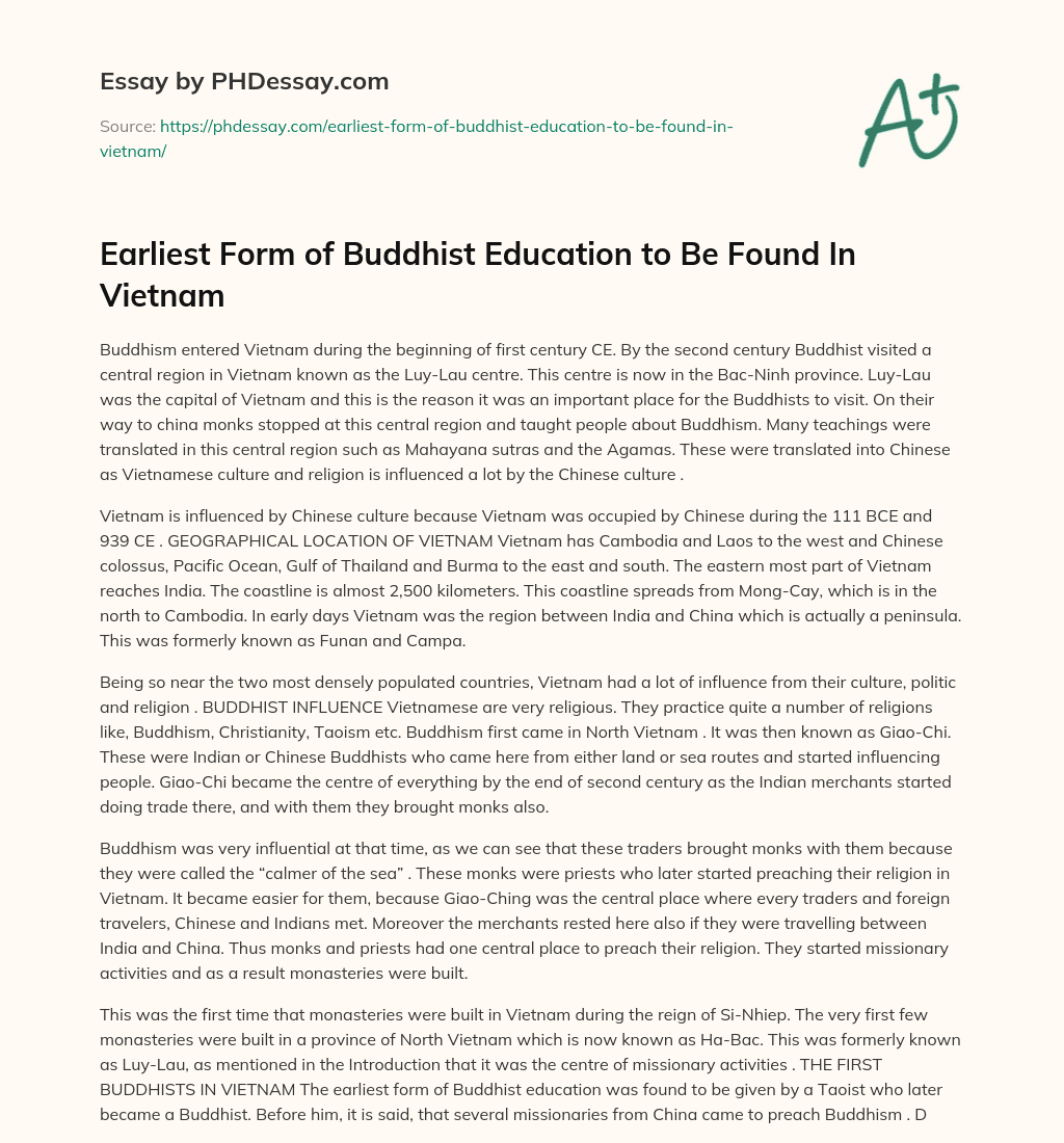 Earliest Form of Buddhist Education to Be Found In Vietnam essay