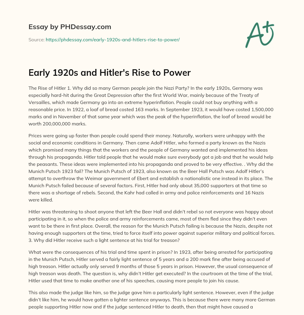 Early 1920s and Hitler’s Rise to Power essay