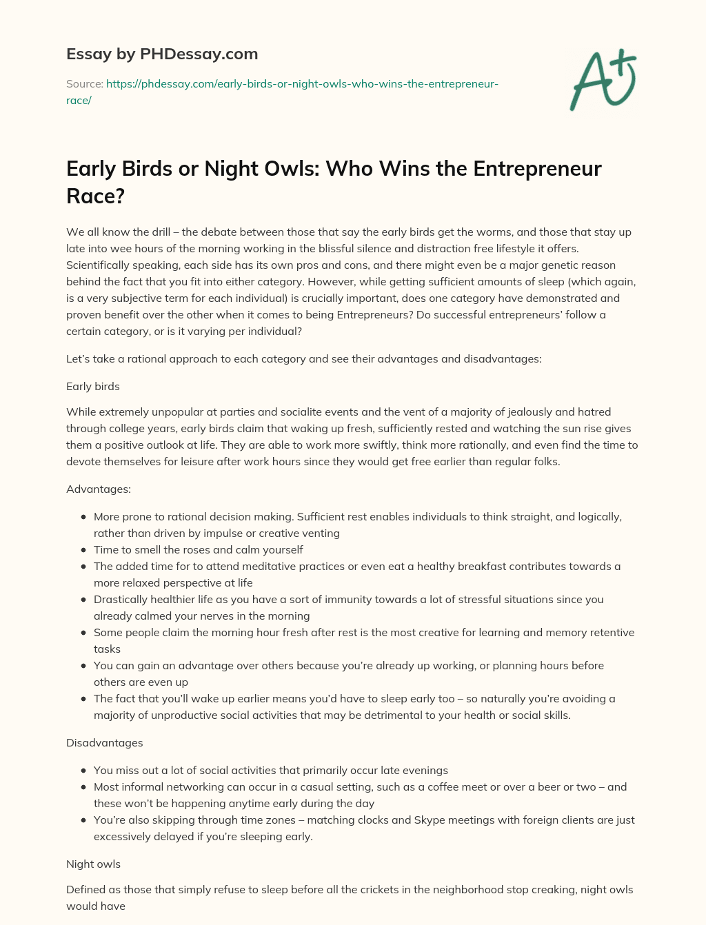 Early Birds or Night Owls: Who Wins the Entrepreneur Race? essay