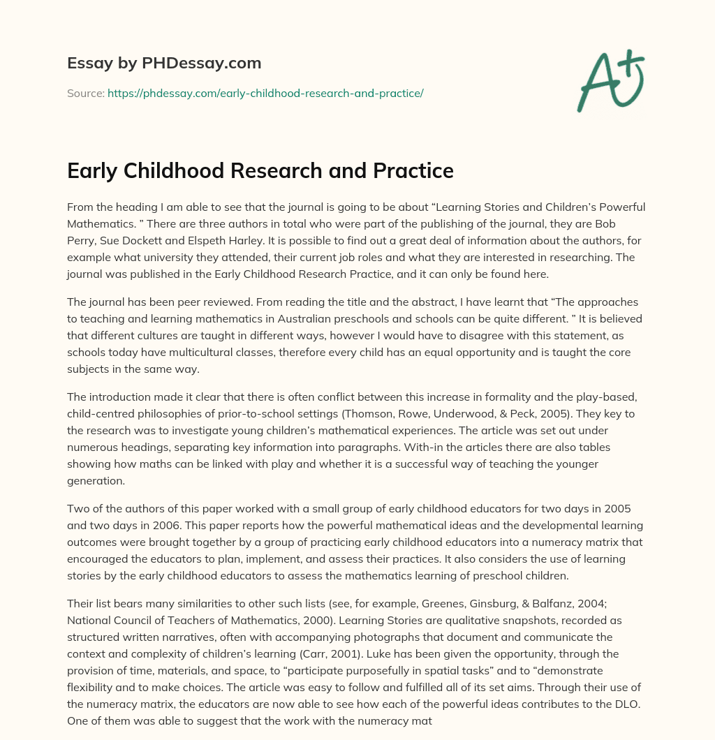 Early Childhood Research and Practice essay