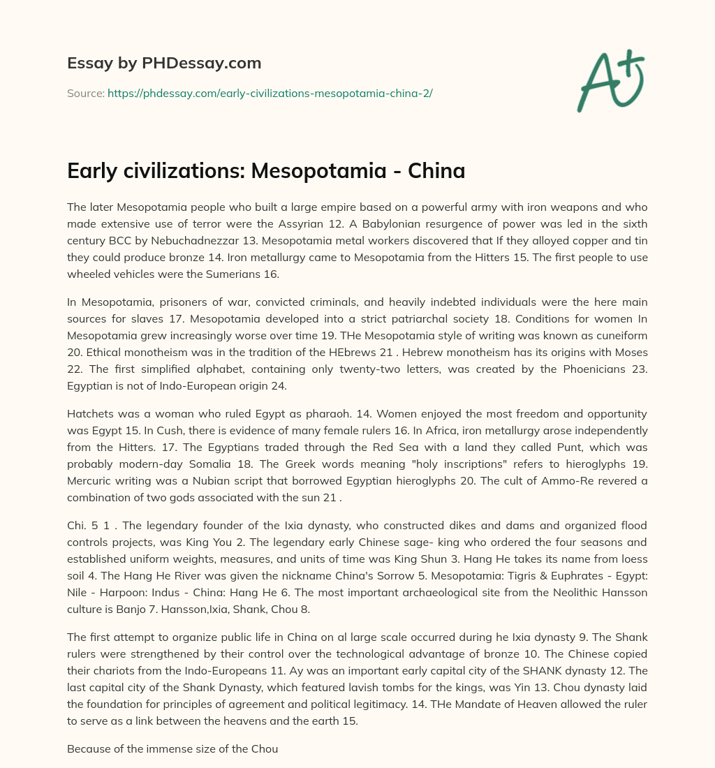 Early civilizations: Mesopotamia – China essay