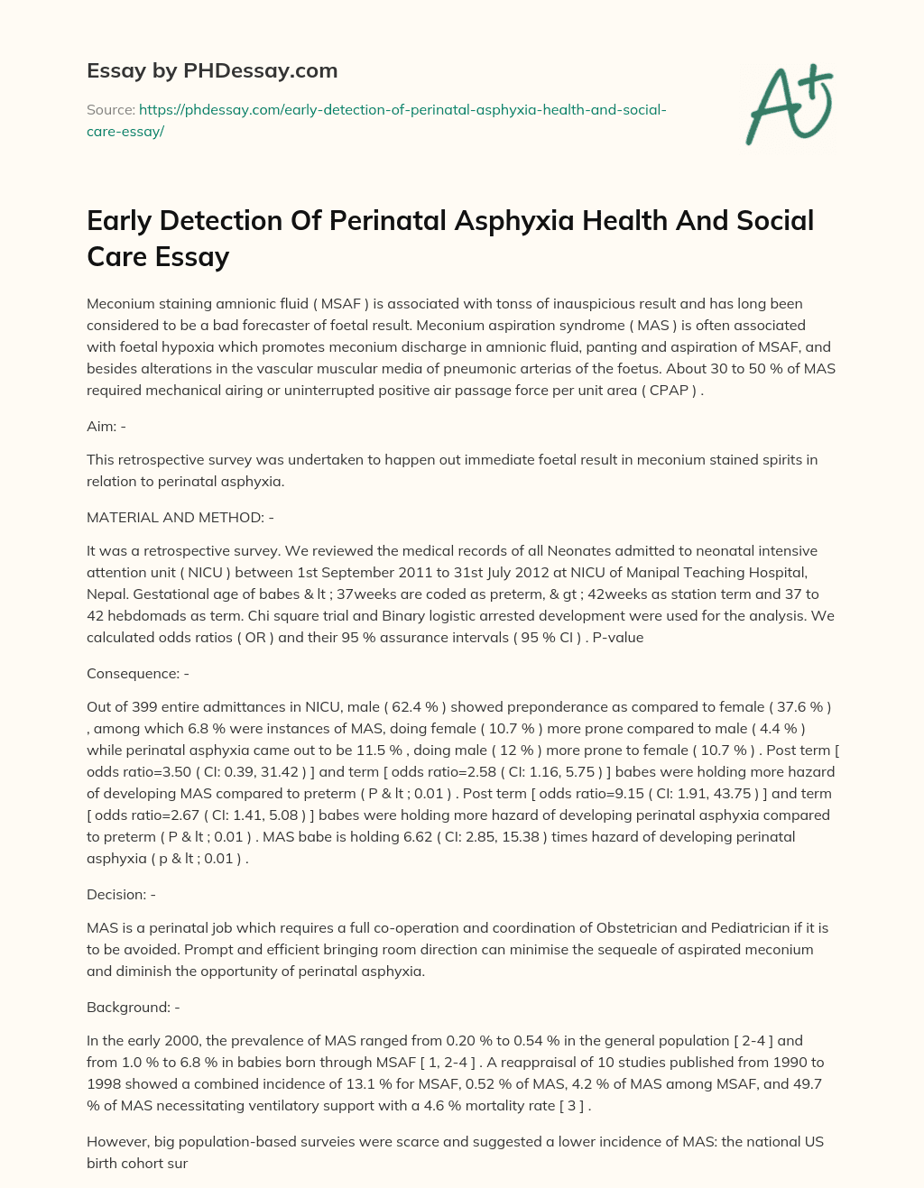 Early Detection Of Perinatal Asphyxia Health And Social Care Essay essay