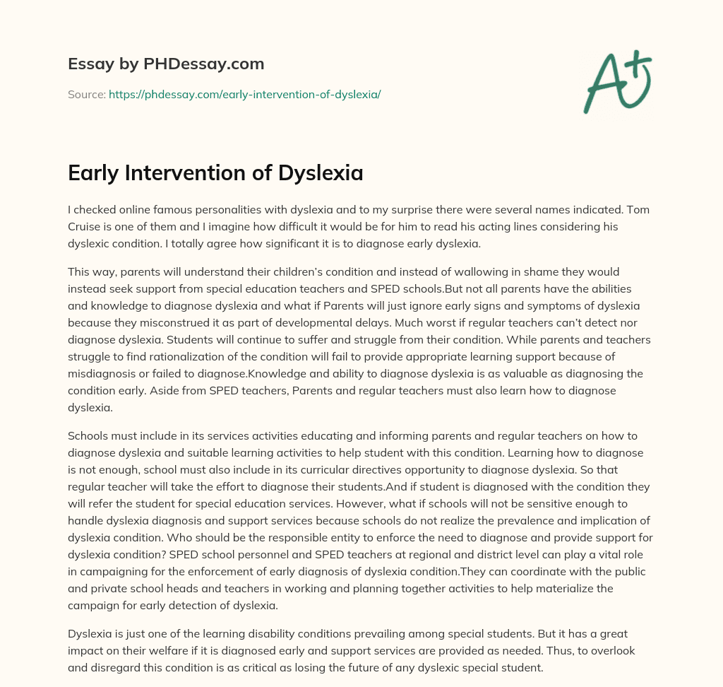 Early Intervention of Dyslexia essay