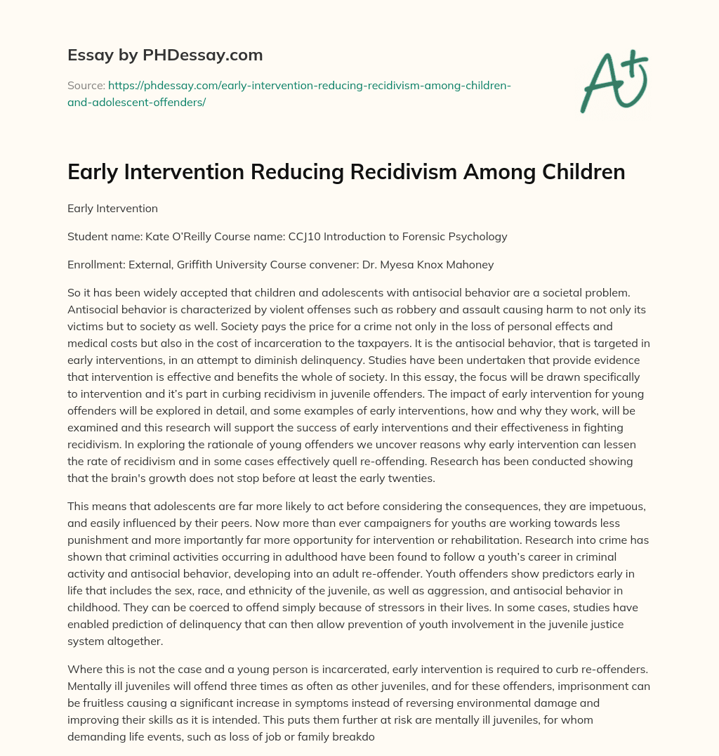 Early Intervention Reducing Recidivism Among Children essay