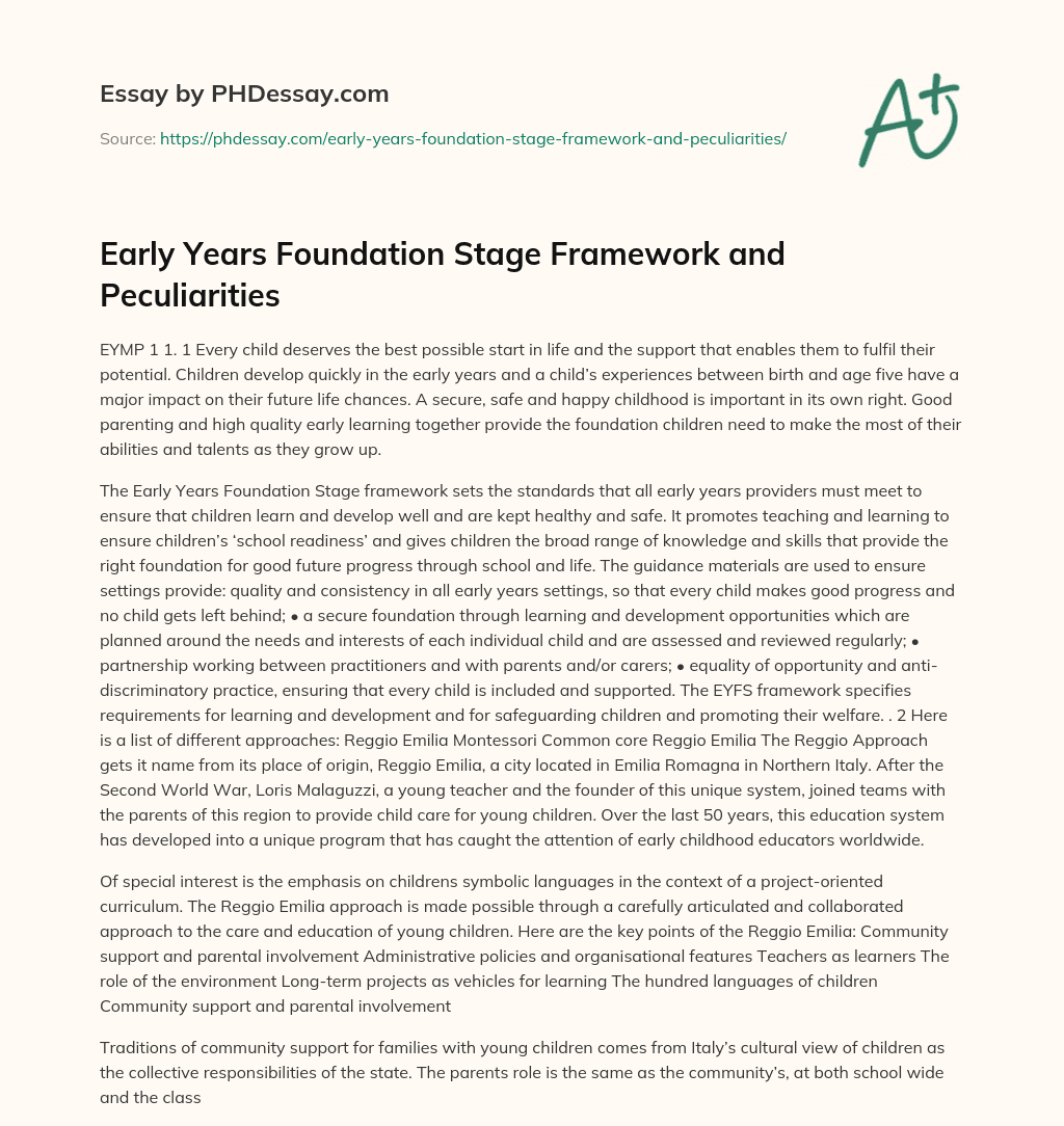Early Years Foundation Stage Framework and Peculiarities essay