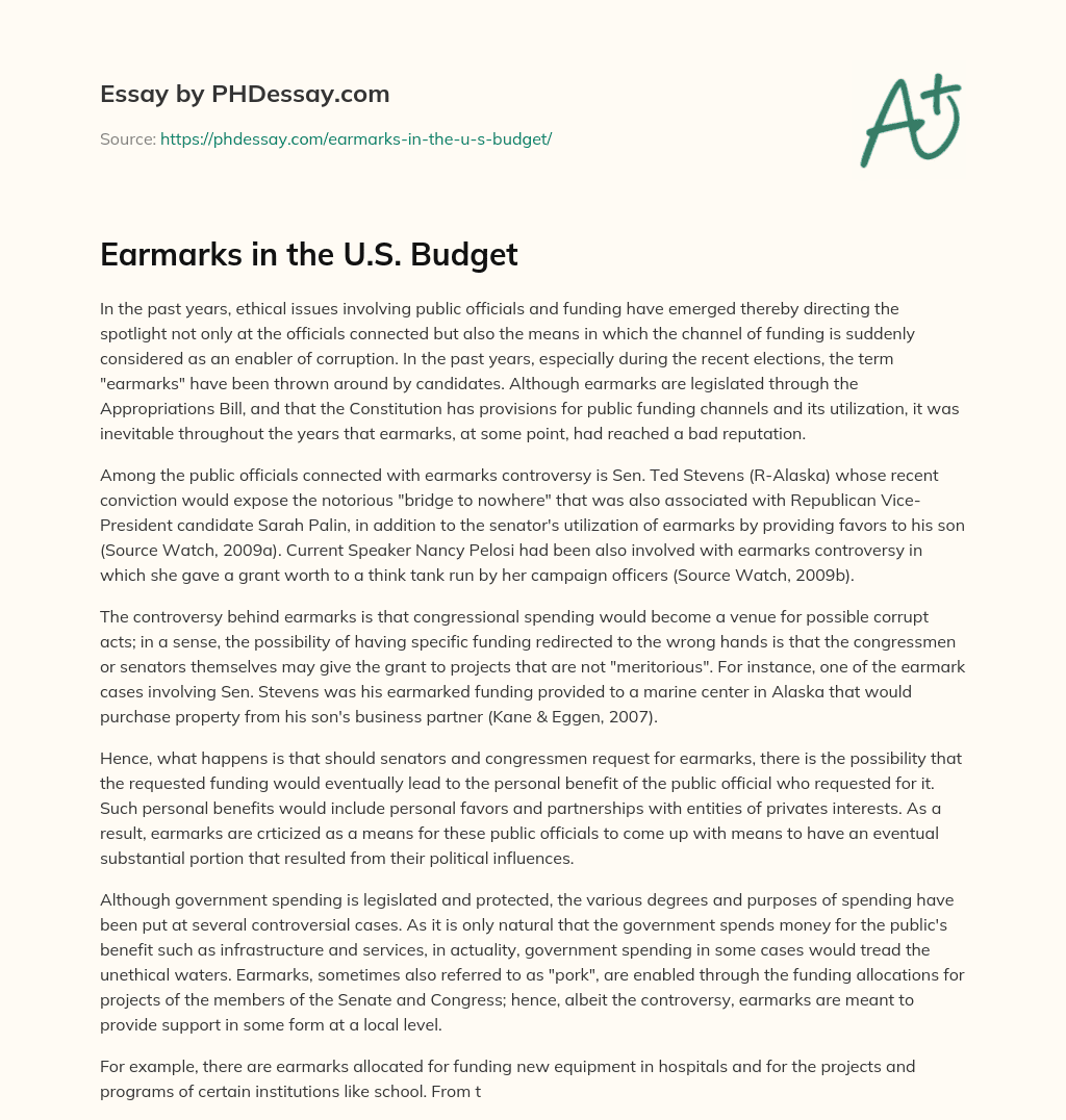 Earmarks in the U.S. Budget essay
