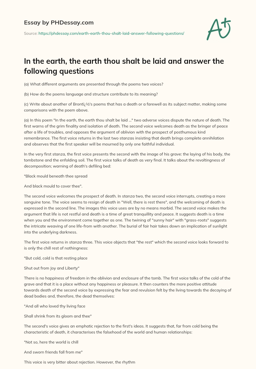 In the earth, the earth thou shalt be laid and answer the following questions essay