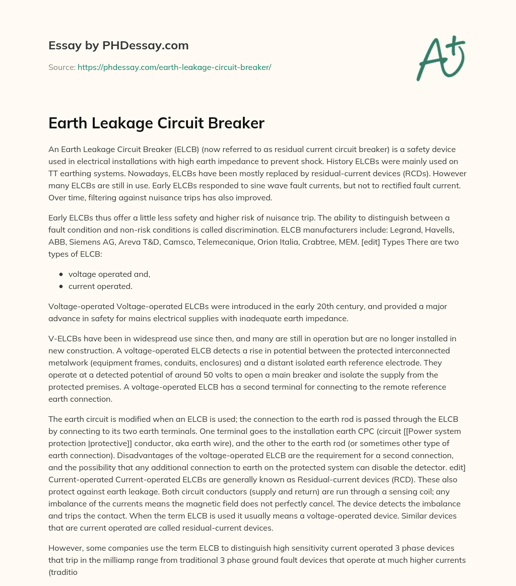 Earth Leakage Circuit Breaker essay