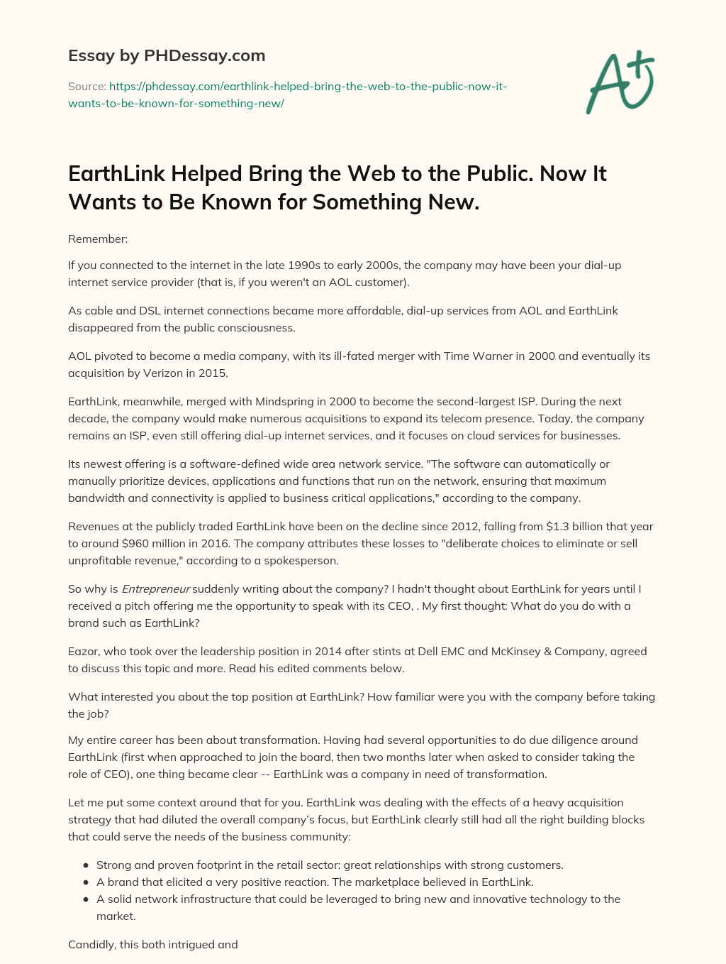EarthLink: From Dial-Up ISP to Cloud Services Provider essay