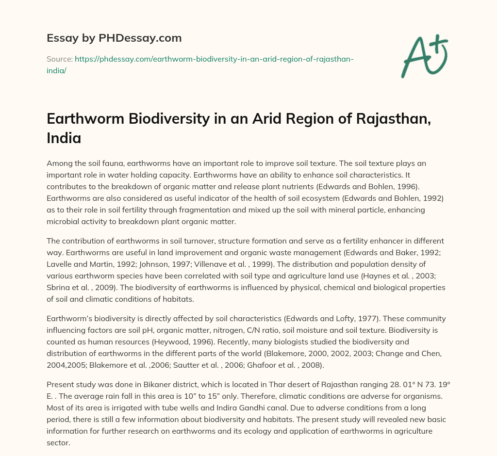 Earthworm Biodiversity in an Arid Region of Rajasthan, India essay