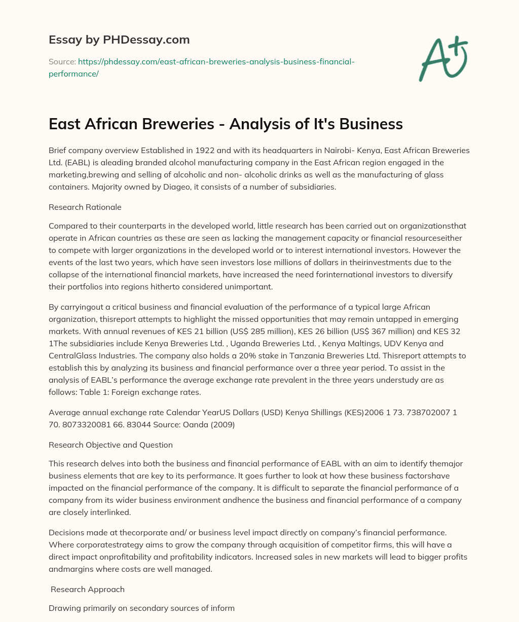 East African Breweries – Analysis of It’s Business essay
