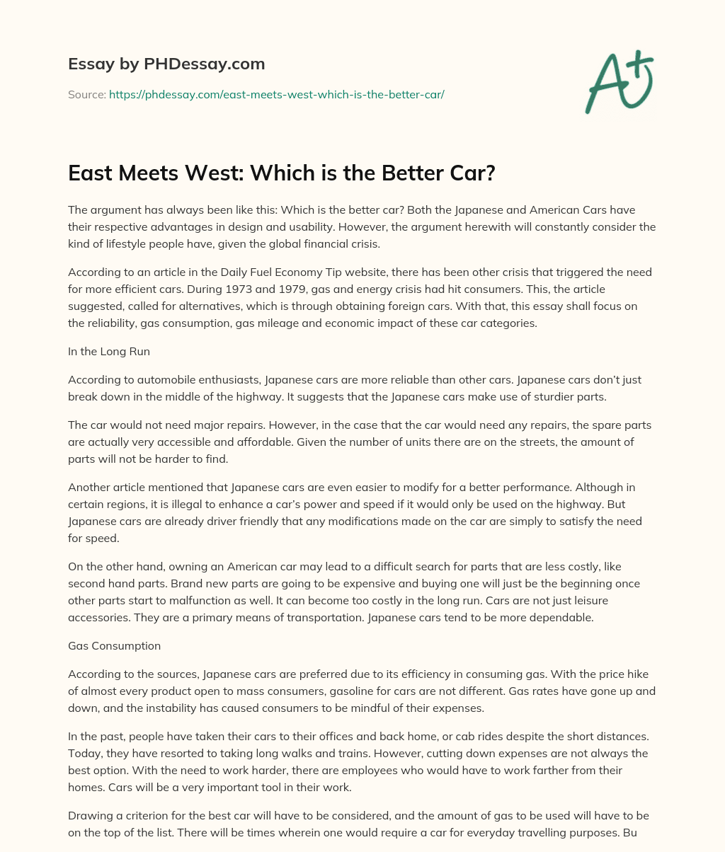 East Meets West: Which is the Better Car? essay