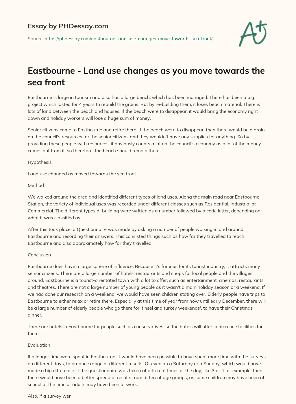 Eastbourne – Land use changes as you move towards the sea front essay