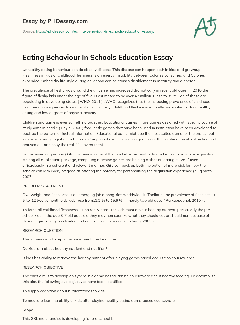 Eating Behaviour In Schools Education Essay essay