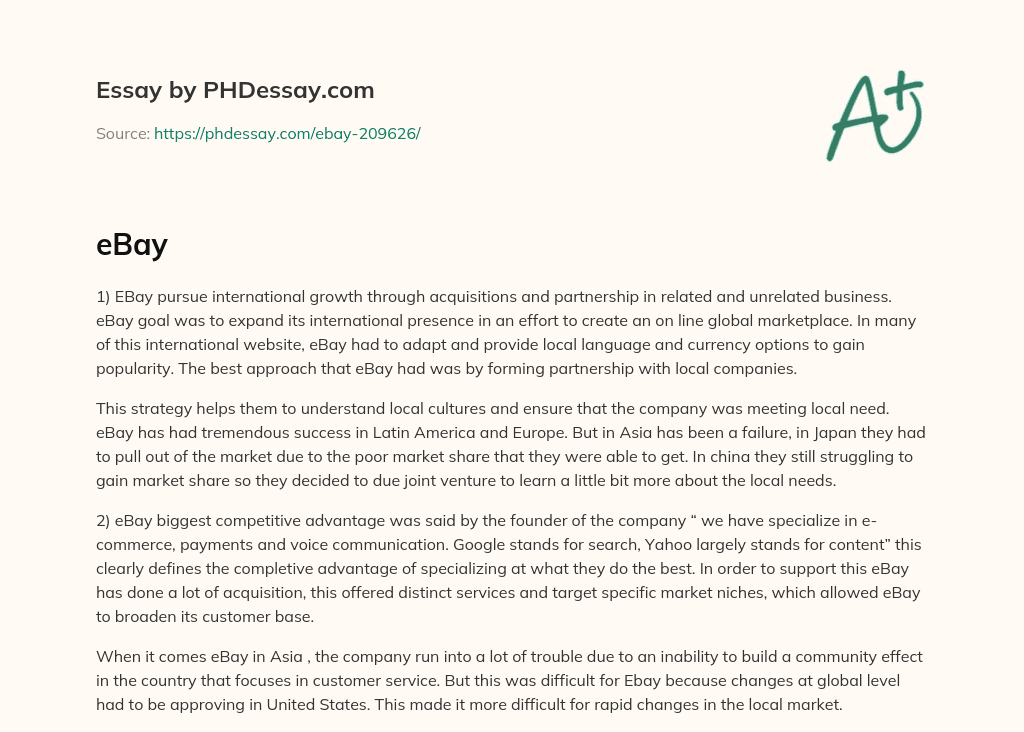 EBay’s International Growth Strategy: Acquisitions and Partnerships for Global Marketplace Expansion essay