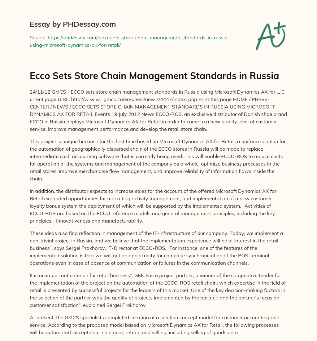 Ecco Sets Store Chain Management Standards in Russia essay