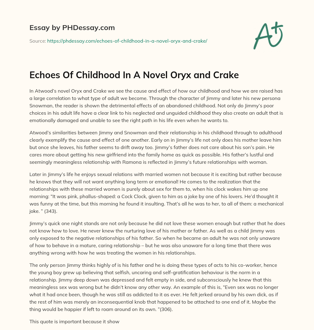 Echoes Of Childhood In A Novel Oryx and Crake essay