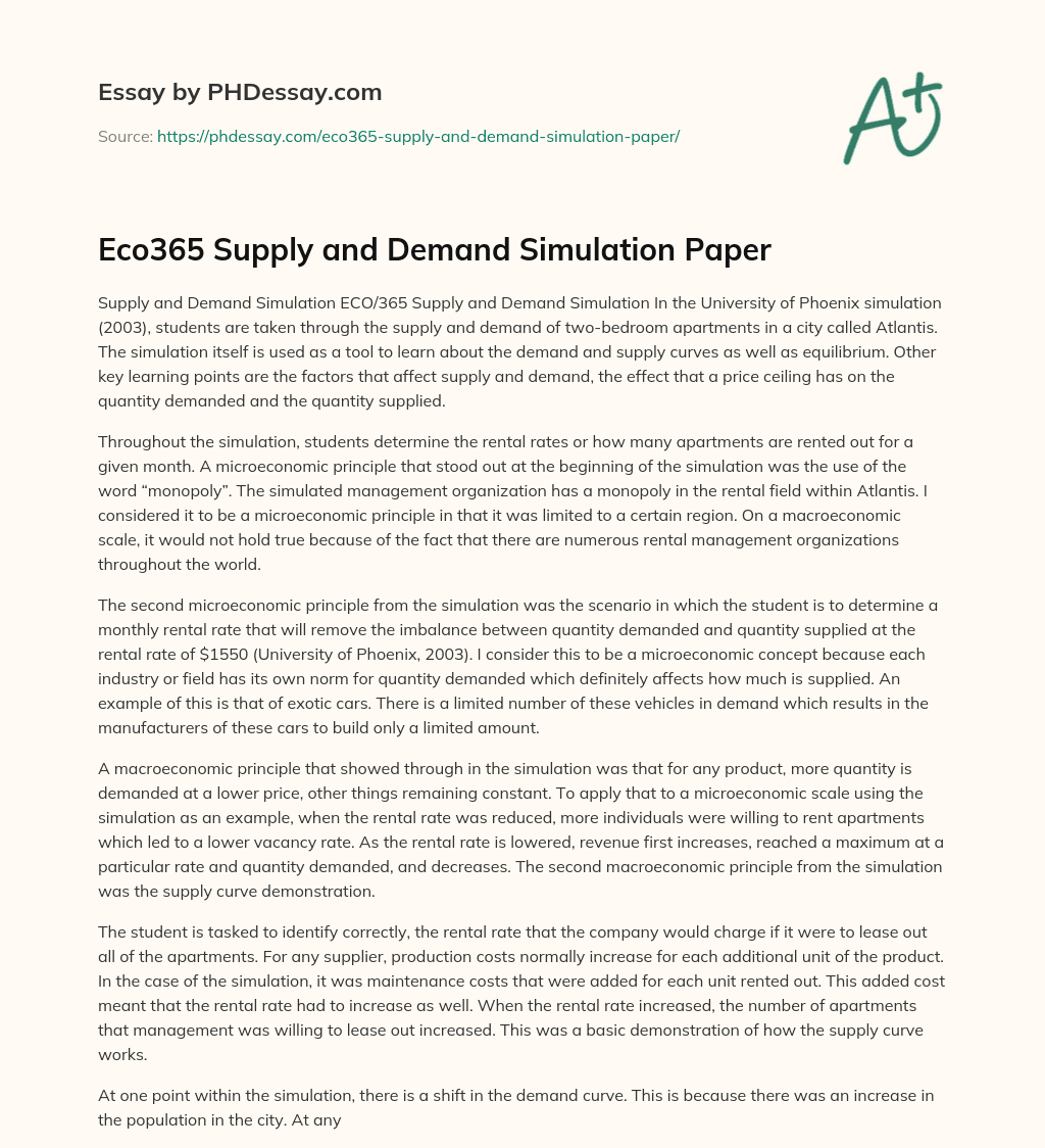 Eco365 Supply and Demand Simulation Paper essay