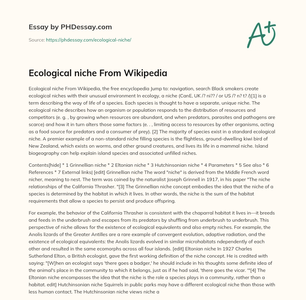 Ecological niche From Wikipedia essay