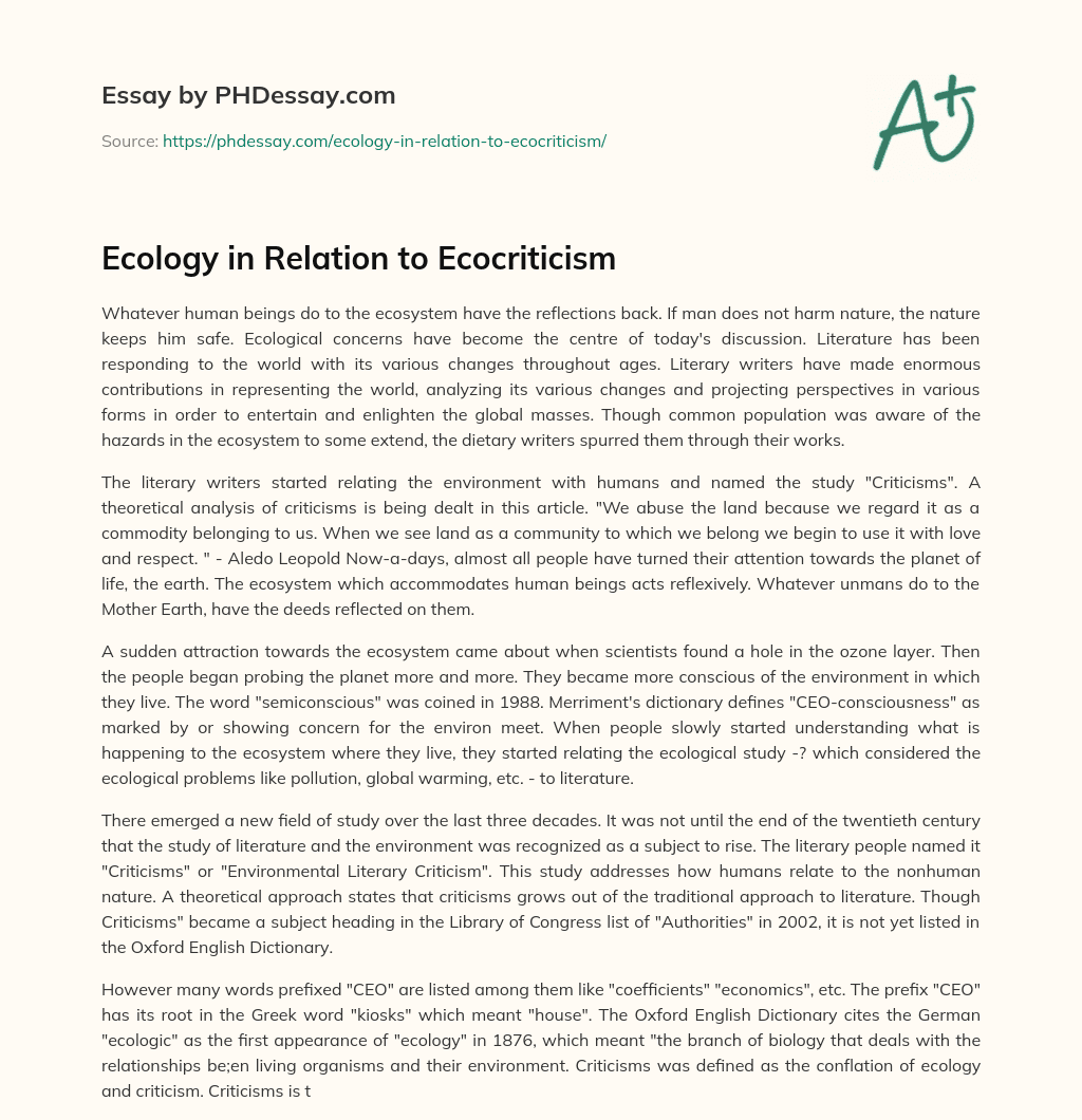 Ecology in Relation to Ecocriticism essay