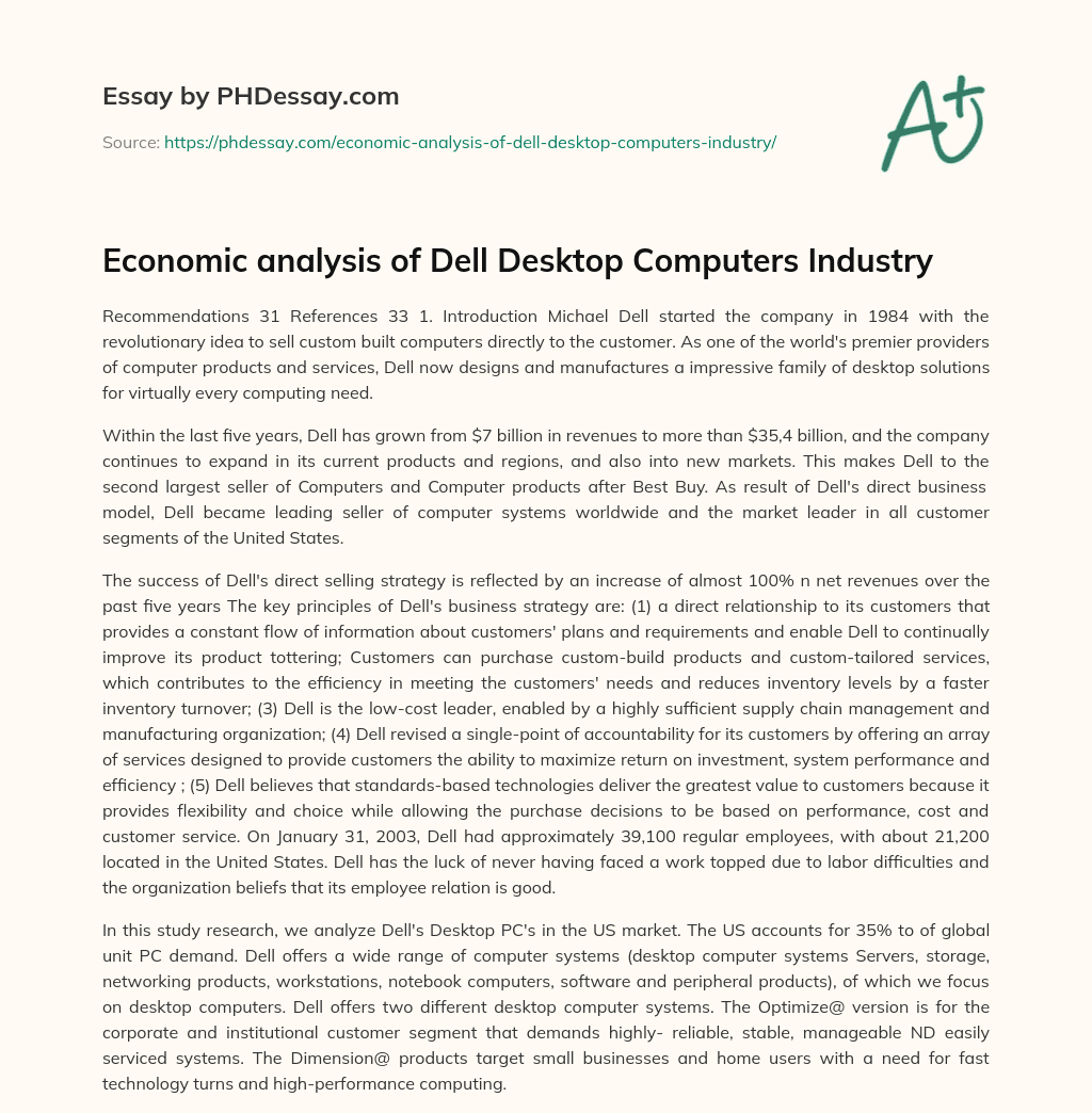 Economic analysis of Dell Desktop Computers Industry essay