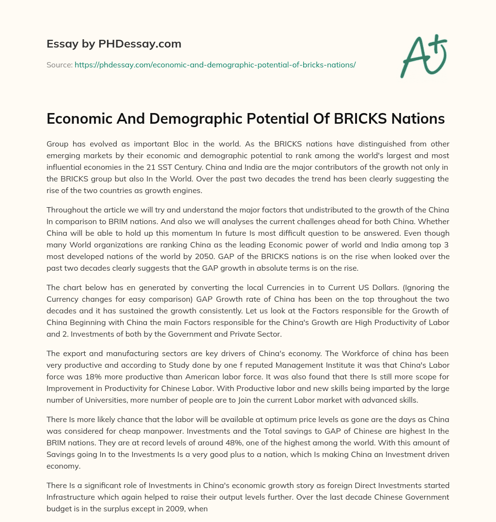 Economic And Demographic Potential Of BRICKS Nations essay
