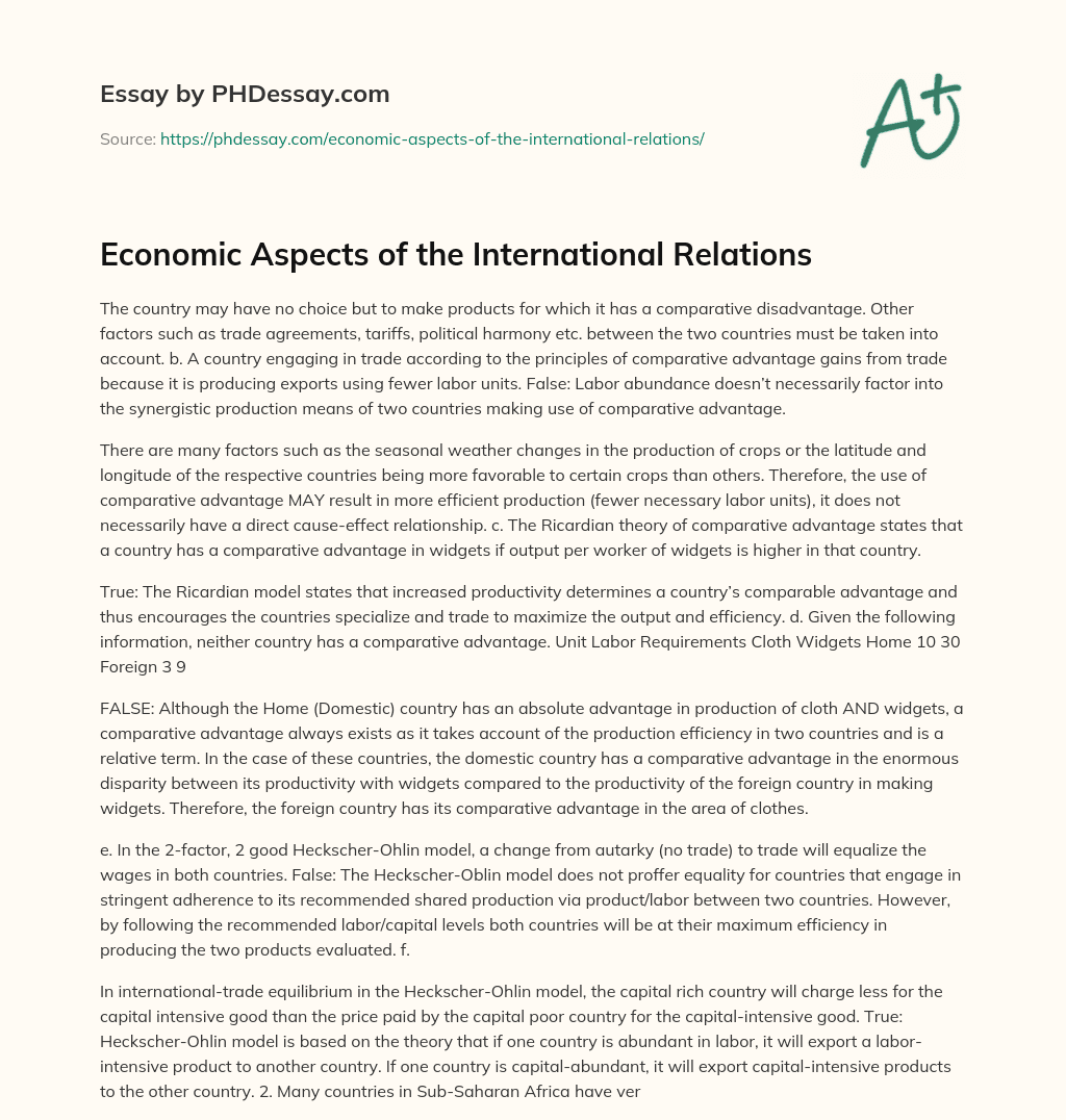 Economic Aspects of the International Relations essay