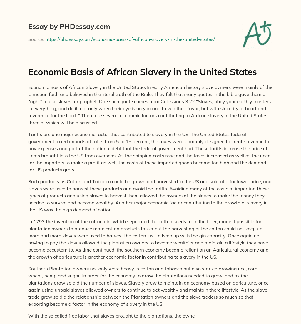 Economic Basis of African Slavery in the United States essay