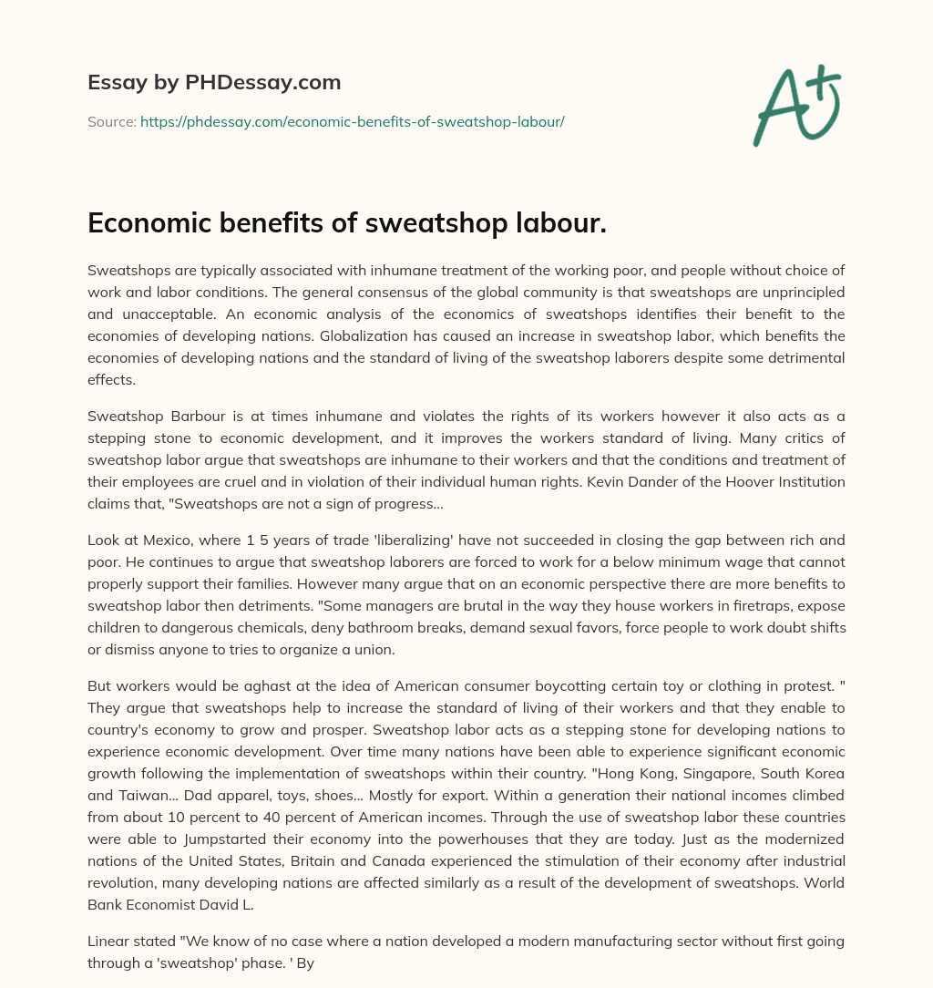 Economic benefits of sweatshop labour. essay