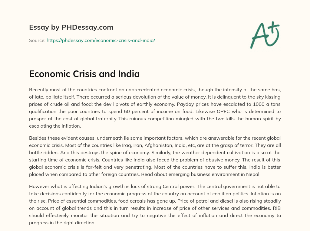 Economic Crisis and India essay