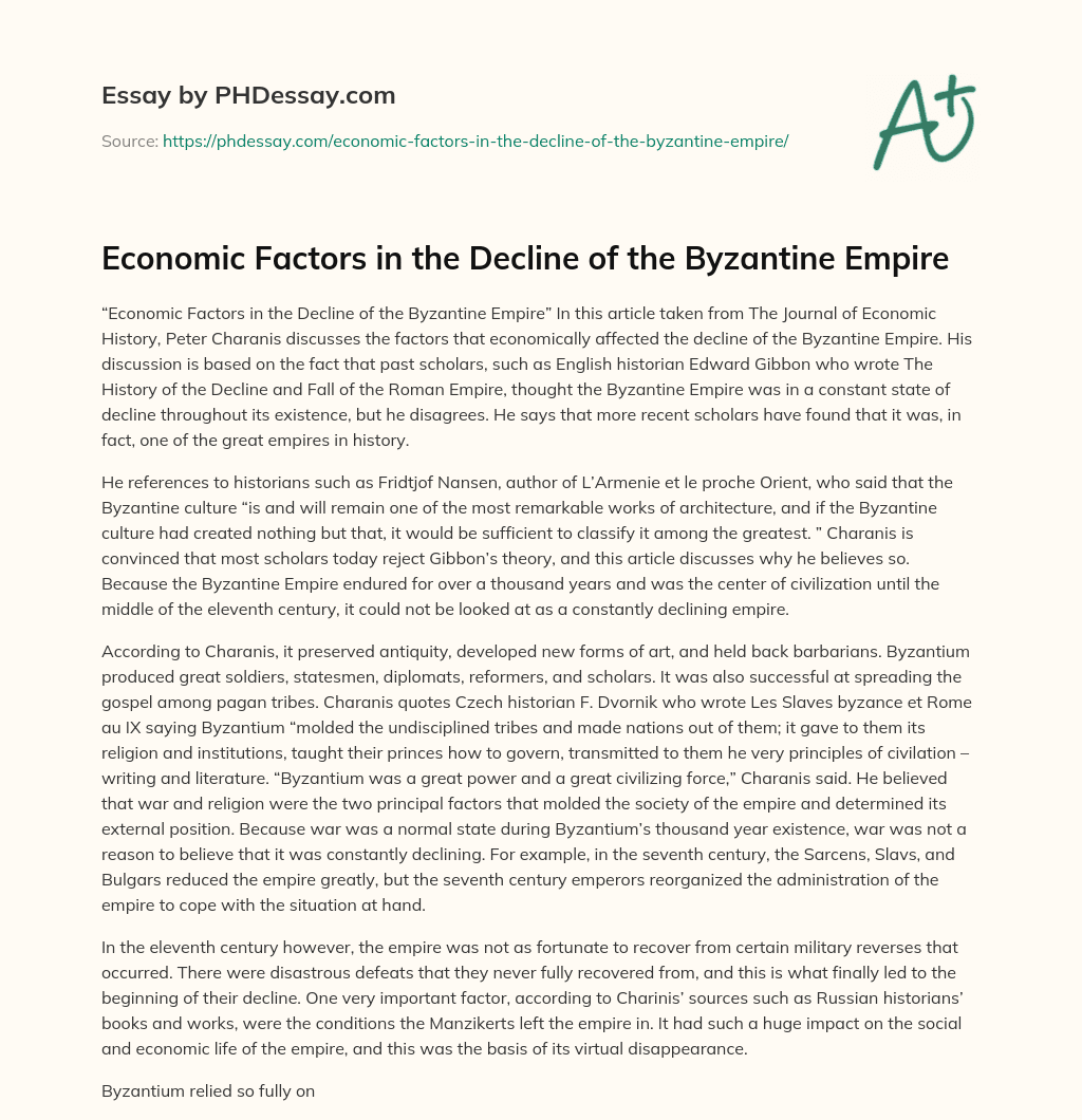 Economic Factors in the Decline of the Byzantine Empire essay