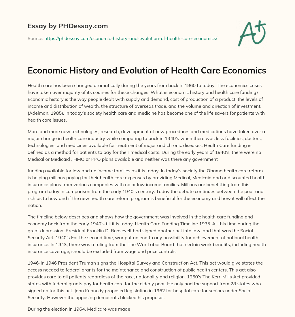 Economic History and Evolution of Health Care Economics essay