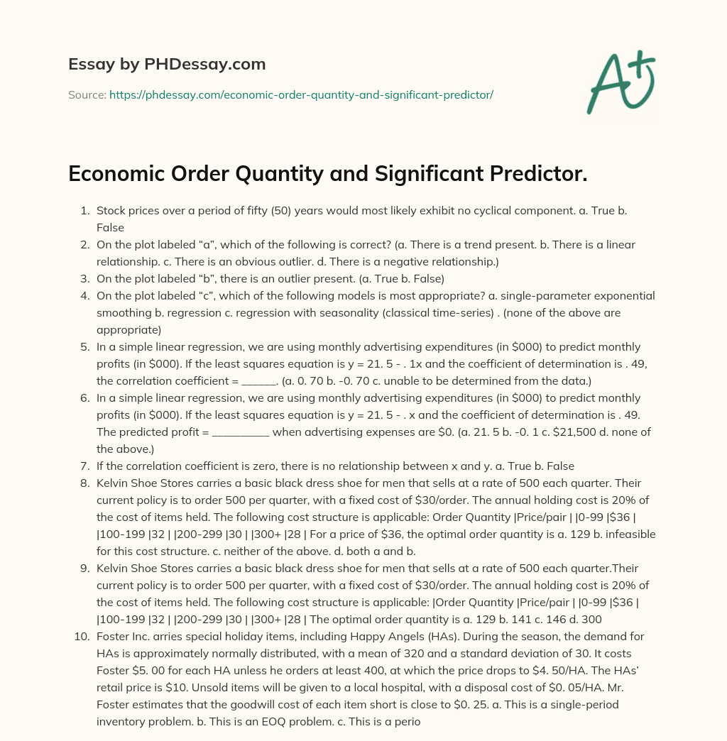 Economic Order Quantity and Significant Predictor. essay