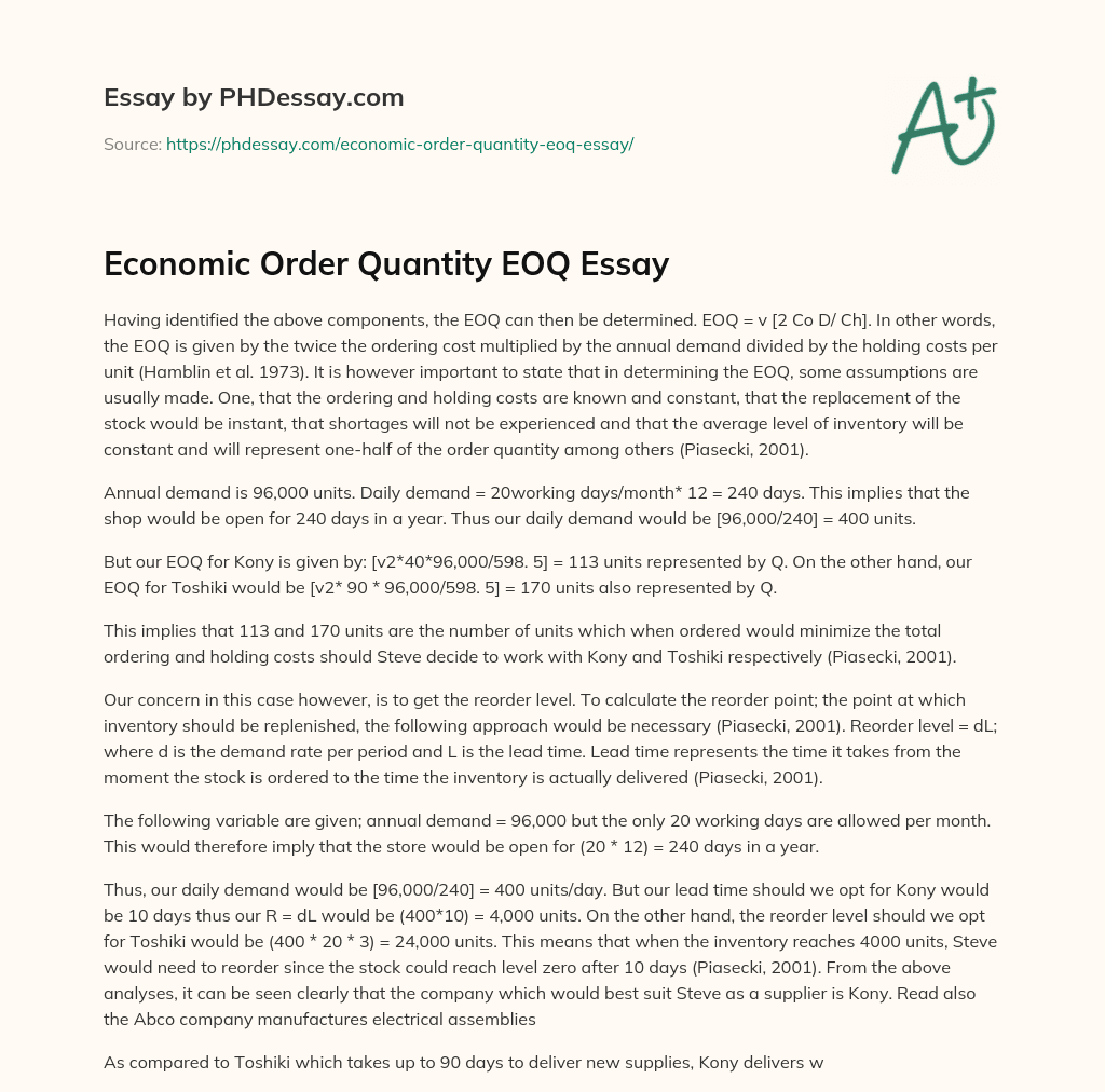 Economic Order Quantity EOQ Essay essay