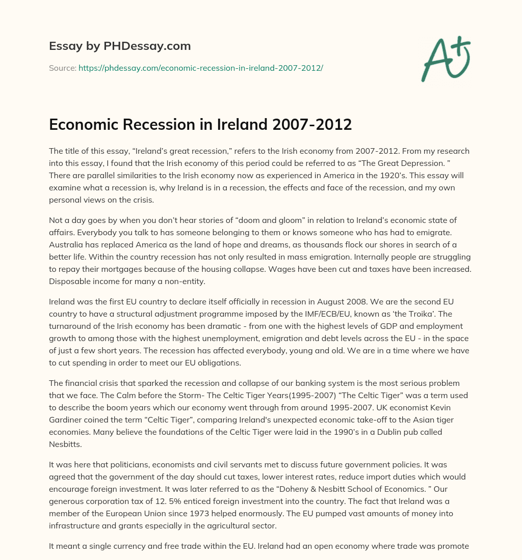 Economic Recession in Ireland 2007-2012 essay