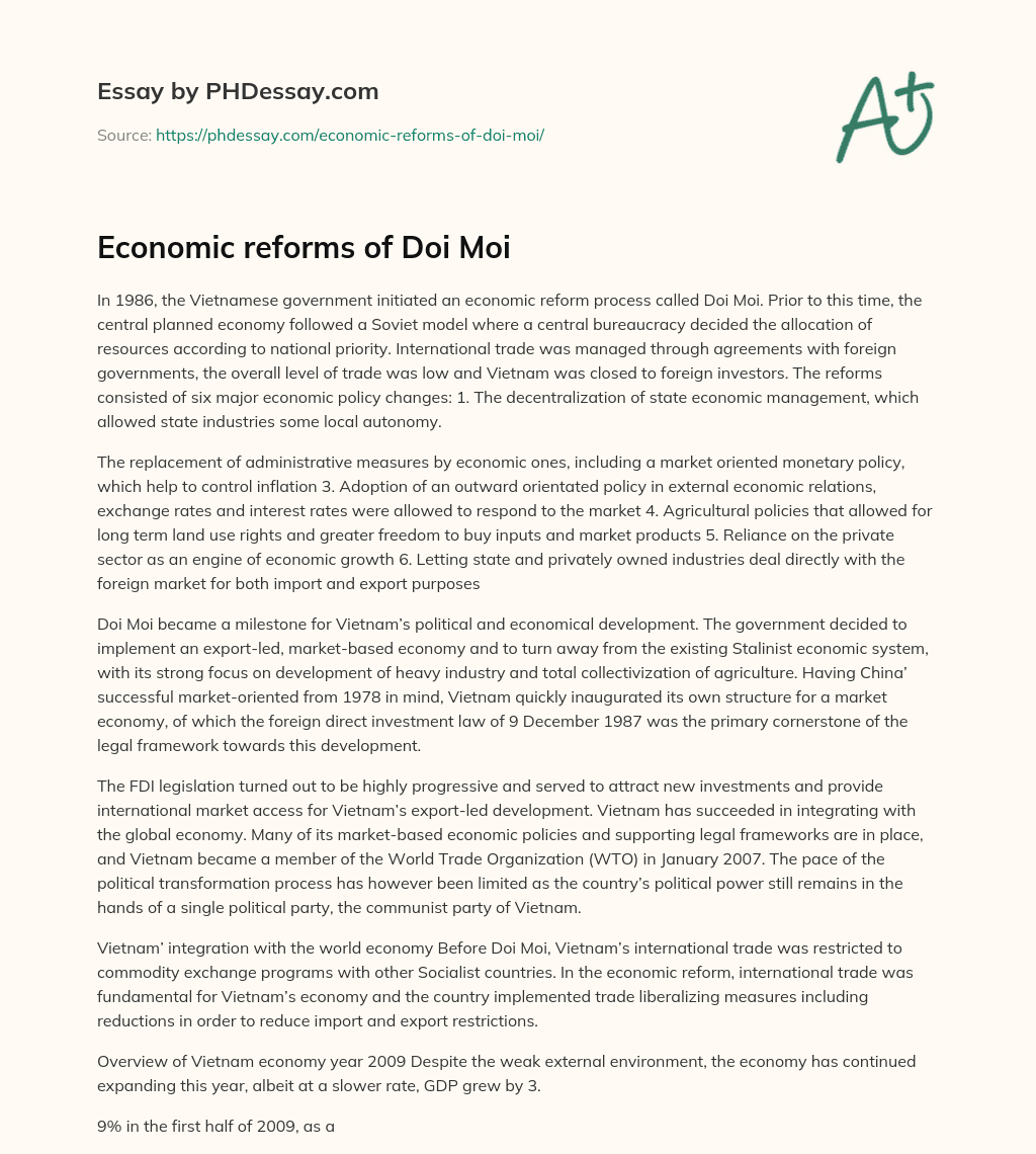 Economic reforms of Doi Moi essay