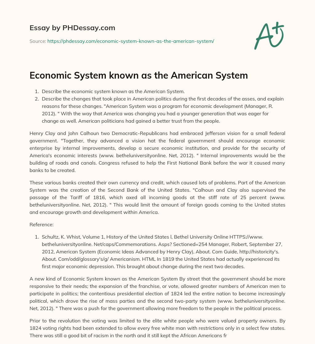 Economic System known as the American System essay