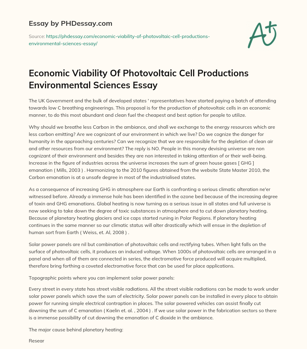 Economic Viability Of Photovoltaic Cell Productions Environmental Sciences Essay essay