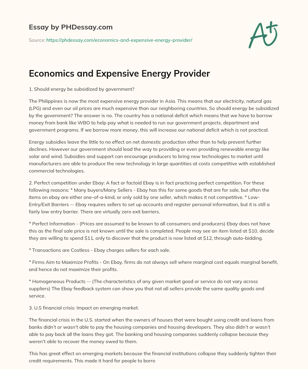 Economics and Expensive Energy Provider essay