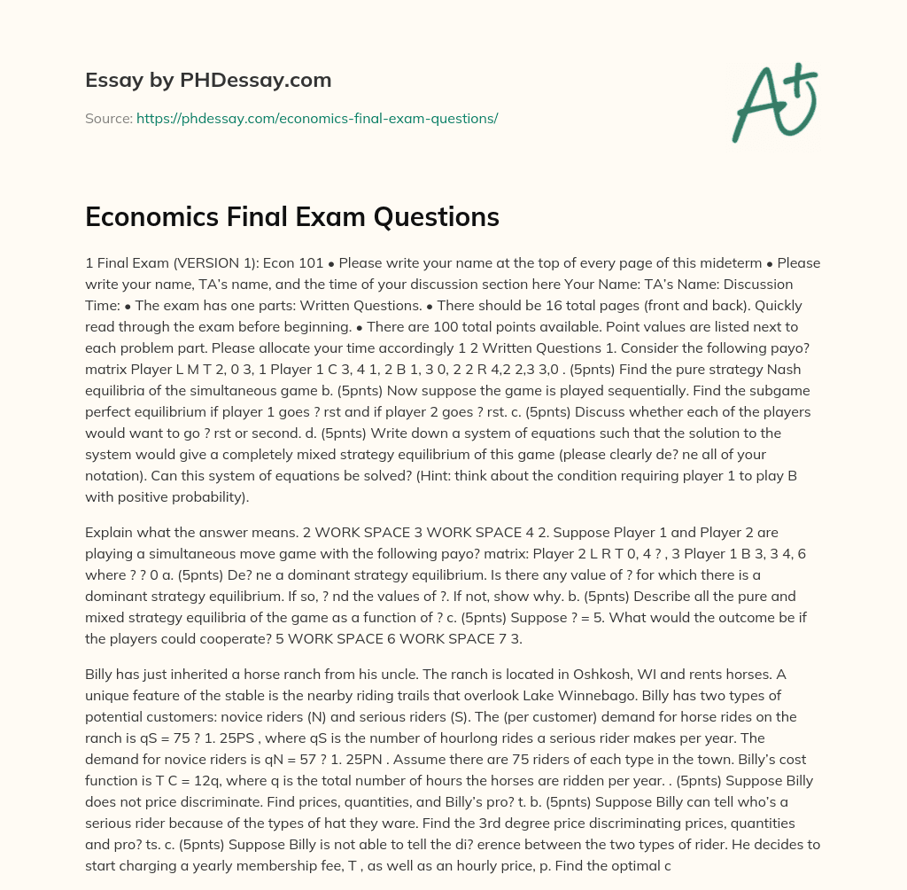 Economics Final Exam Questions essay